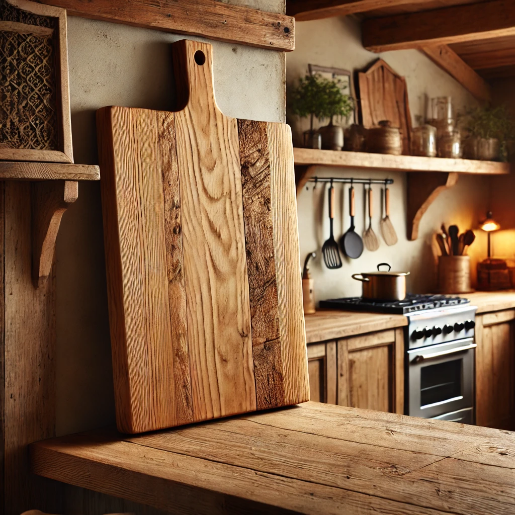 A rustic kitchen counter showcasing a beautifully crafted wooden cutting board placed vertically against the wall. The natural wood design creates a warm and inviting atmosphere.