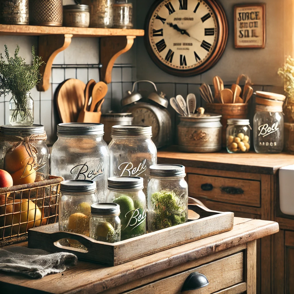 A farmhouse-style kitchen counter featuring mason jars as storage and vases, wooden and metal trays, a vintage clock, and a basket of fresh fruit. The decor adds a warm, rustic charm to the kitchen.