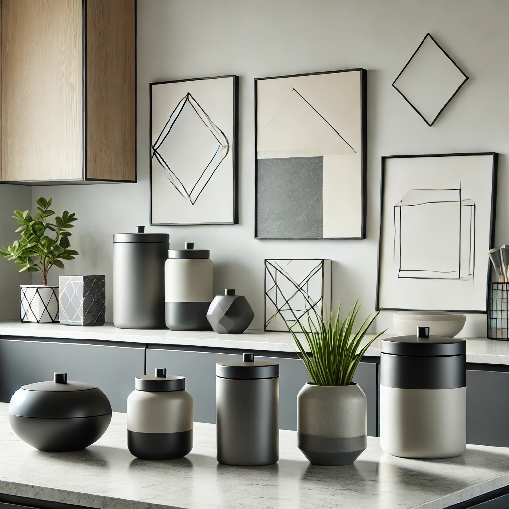 A modern kitchen counter with sleek matching containers, geometric art pieces, and simple pots with plants. The polished stone and quartz countertops create a clean, sophisticated design.