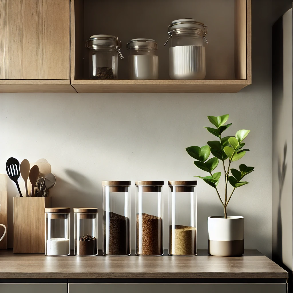 A minimalist kitchen counter featuring transparent containers, a single green plant, and a tranquil color scheme of gray and brown. The space is neat, organized, and calming.