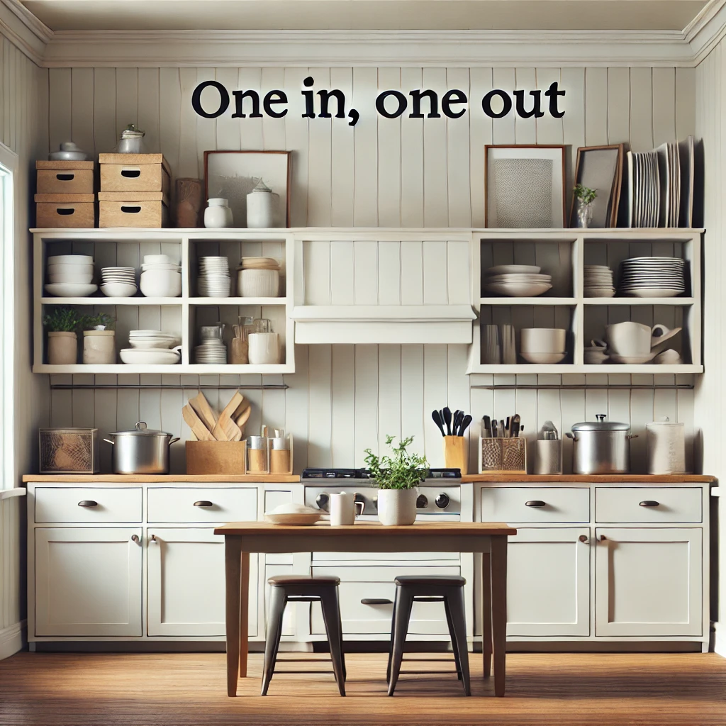 A kitchen with organized space, following the 'One In, One Out' rule. New items are added while old ones are removed, creating a balanced and clutter-free environment.