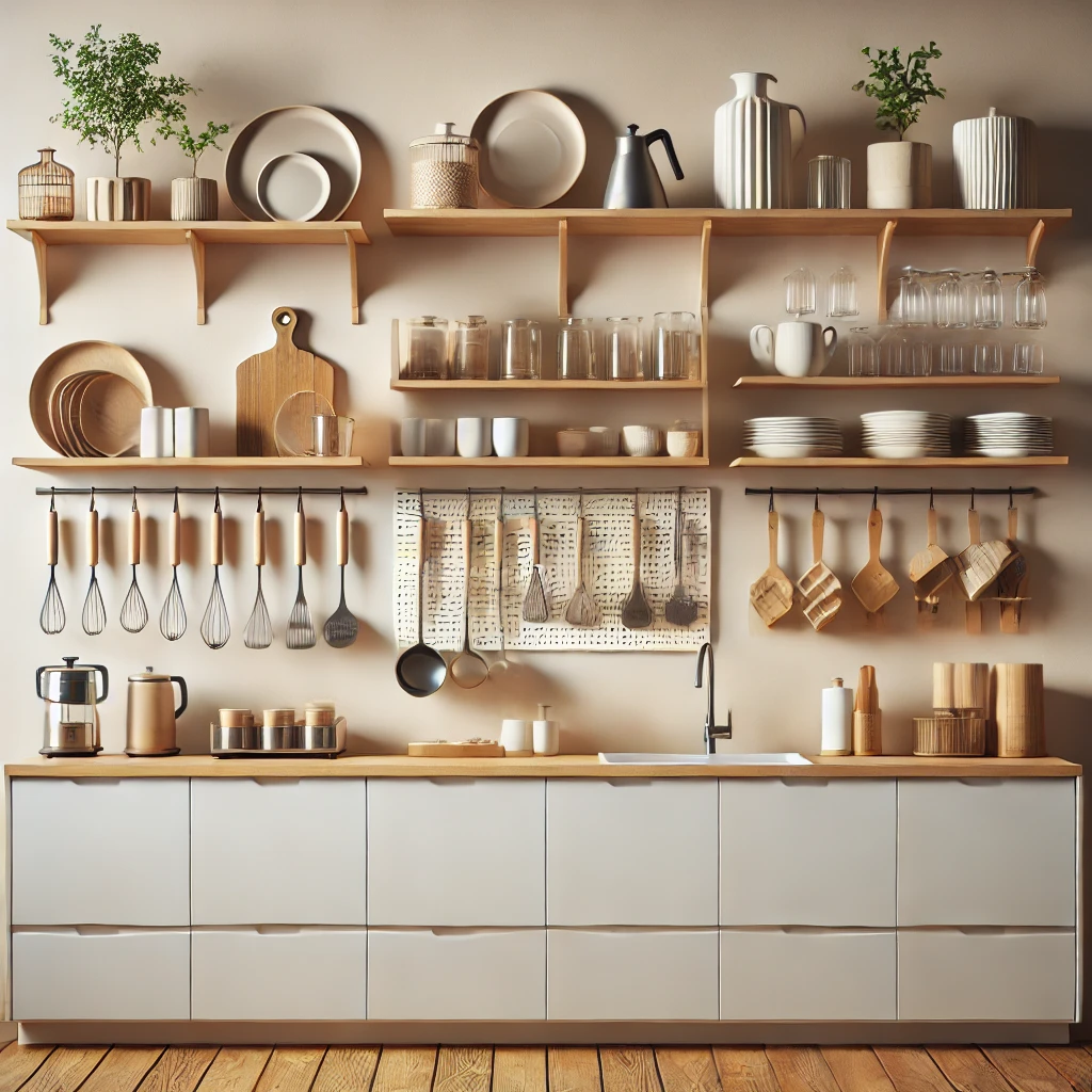 A modern kitchen featuring vertical space utilization with floating shelves and a pegboard above the counter. Items are neatly organized, while the counter remains clear and functional.