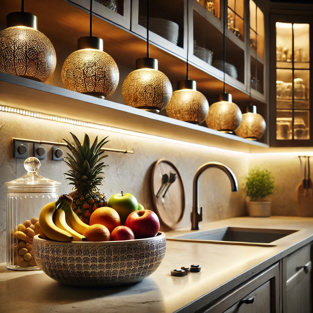 A kitchen counter featuring a decorative fruit bowl for storage and under-cabinet lighting that adds warmth and elegance to the space. Pendant lights enhance the kitchen's inviting atmosphere.
