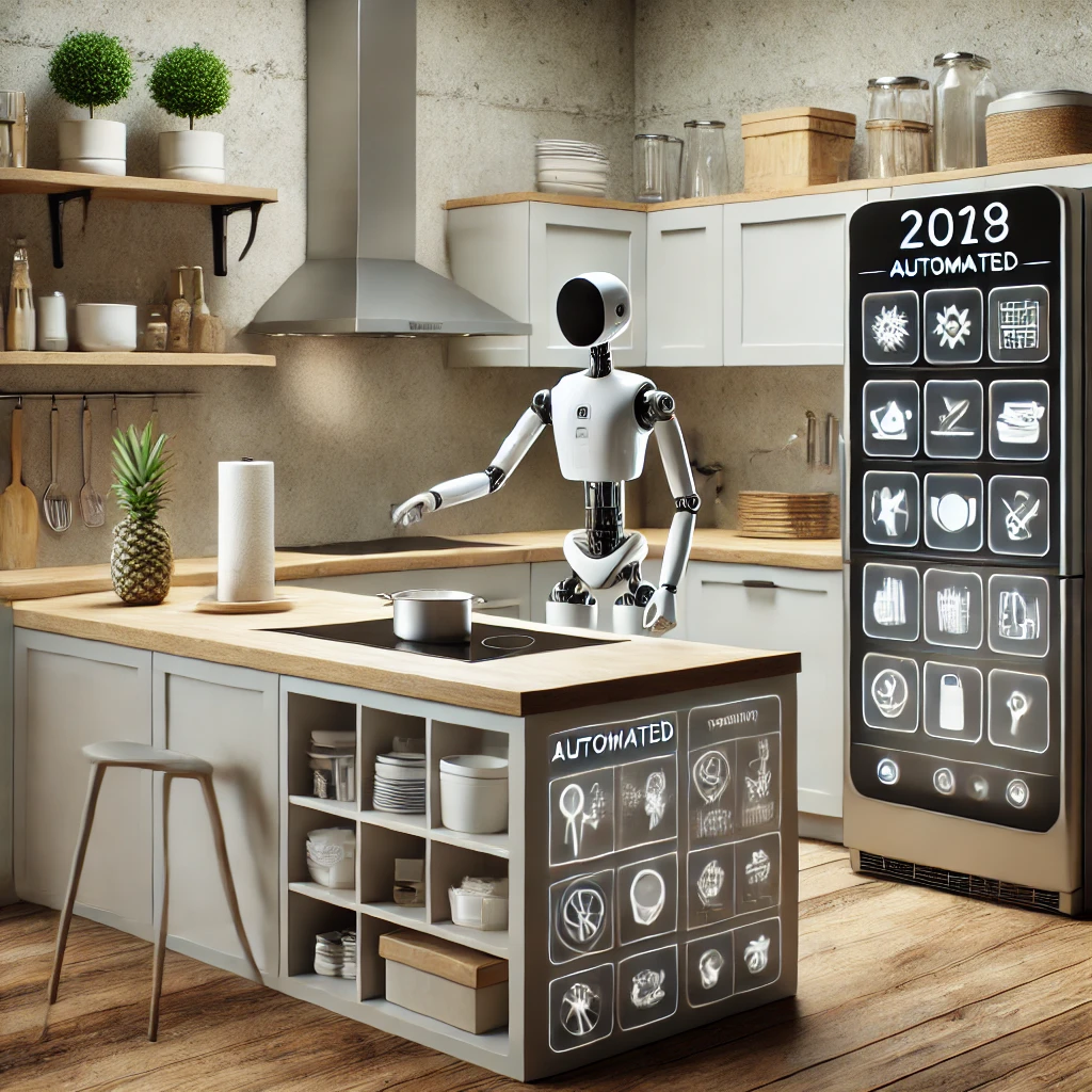 A modern kitchen featuring an organized counter with automated cleaning. Items no longer in use have been removed, keeping the space clean and clutter-free for optimal functionality