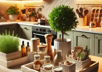 A beautifully styled kitchen with modern yet cozy decor, featuring decorative trays, a potted herb plant, stylish storage containers, and a fruit bowl. The countertops are clean and organized, enhancing both functionality and aesthetics.