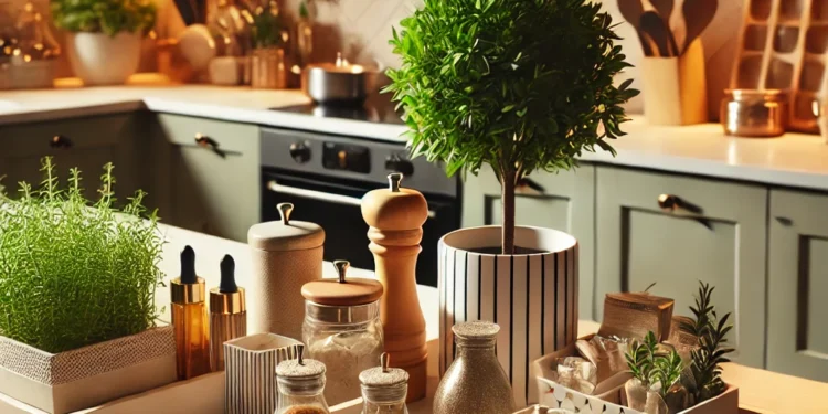 A beautifully styled kitchen with modern yet cozy decor, featuring decorative trays, a potted herb plant, stylish storage containers, and a fruit bowl. The countertops are clean and organized, enhancing both functionality and aesthetics.