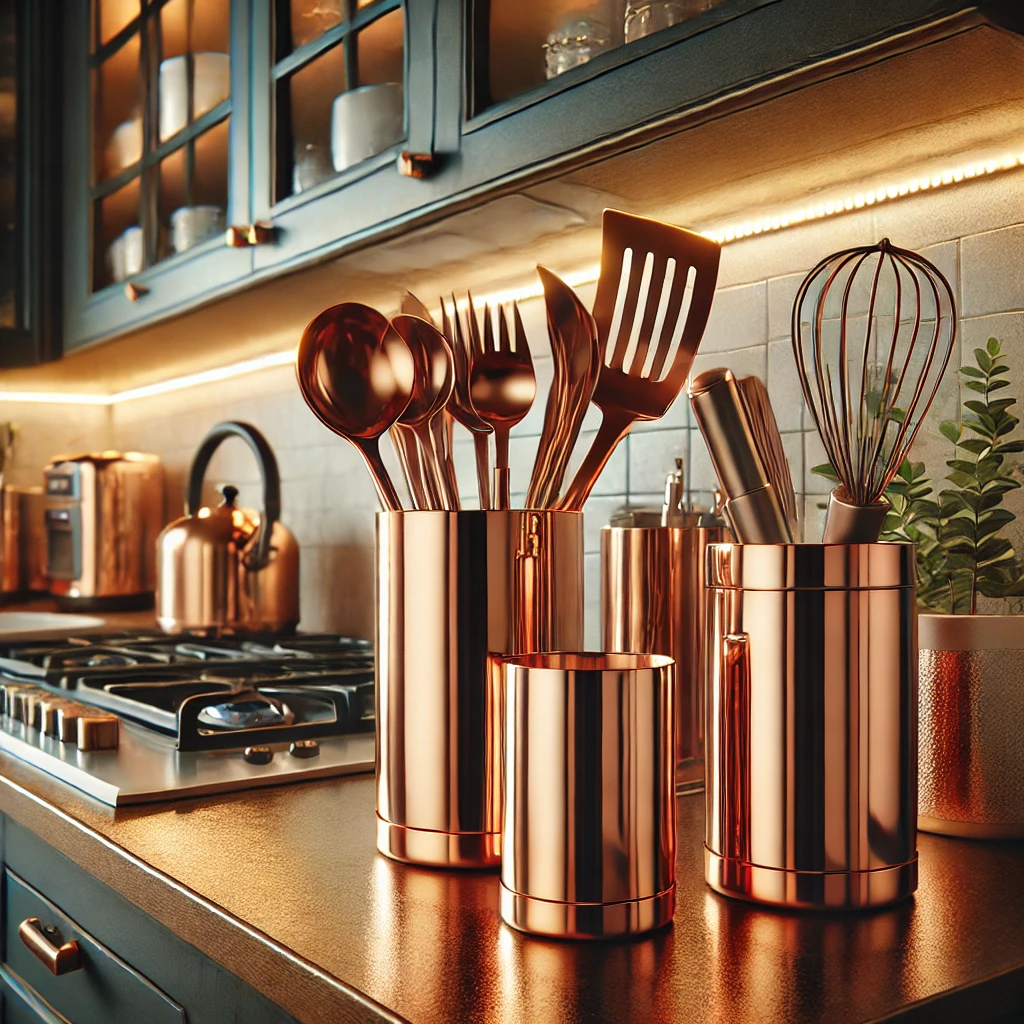 A kitchen countertop featuring shiny copper utensil holders and appliances, creating a stylish and bright atmosphere with a modern touch.