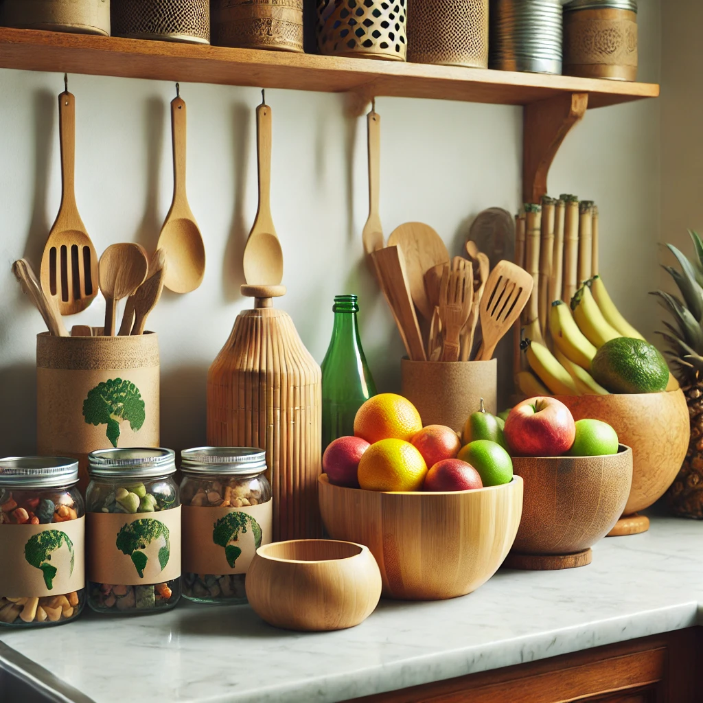 A kitchen counter showcasing sustainable materials like bamboo bowls and eco-friendly recycled items. The natural design adds an environmentally friendly touch to the space.