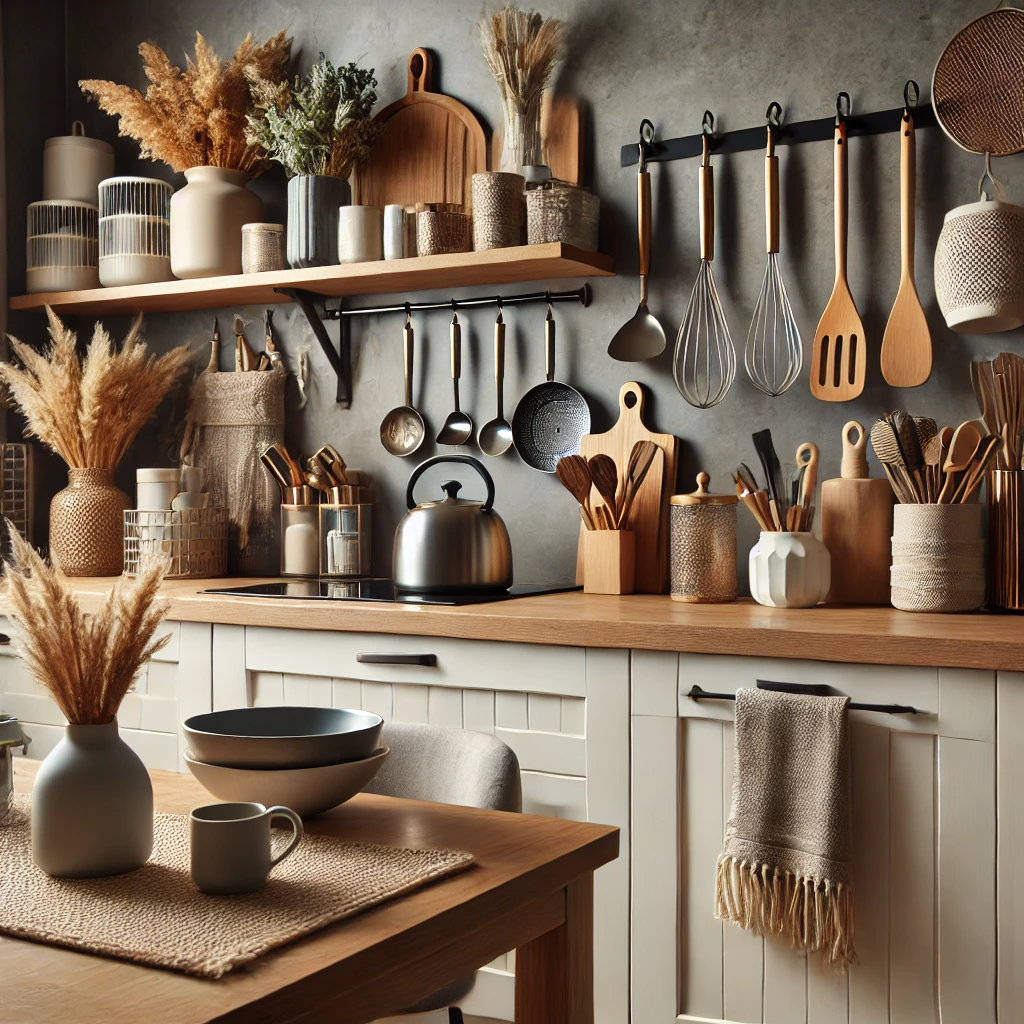 A cozy kitchen with accessories from HomeGoods and Crate and Barrel, featuring stylish utensils, modern decor items, and sleek storage solutions for a curated and sophisticated look.