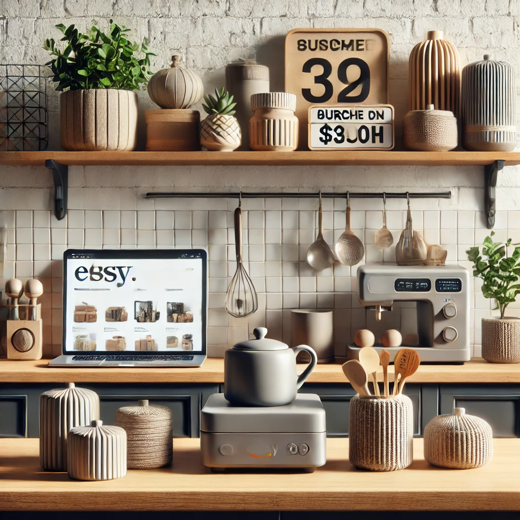 A modern kitchen counter showcasing popular items bought from online marketplaces like Etsy and Amazon, including decorative pieces, stylish containers, and functional gadgets.