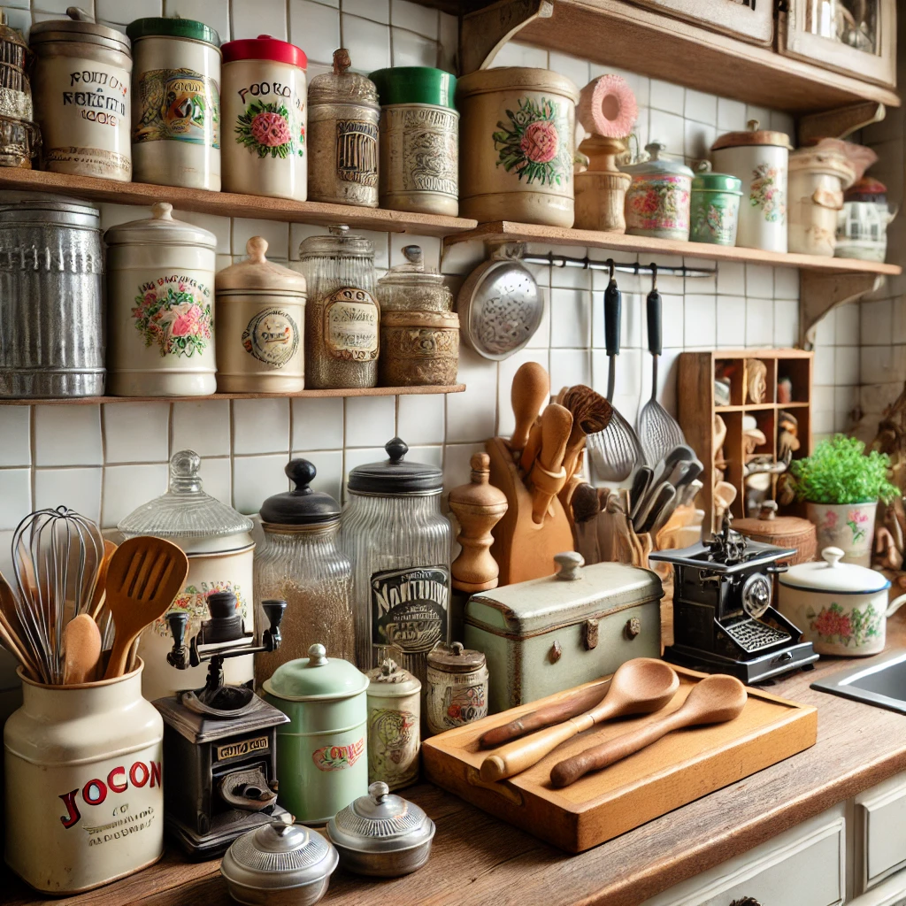 A vintage-themed kitchen counter decorated with unique items from thrift stores, donation centers, and flea markets, including retro containers and antique kitchen tools for a nostalgic feel.