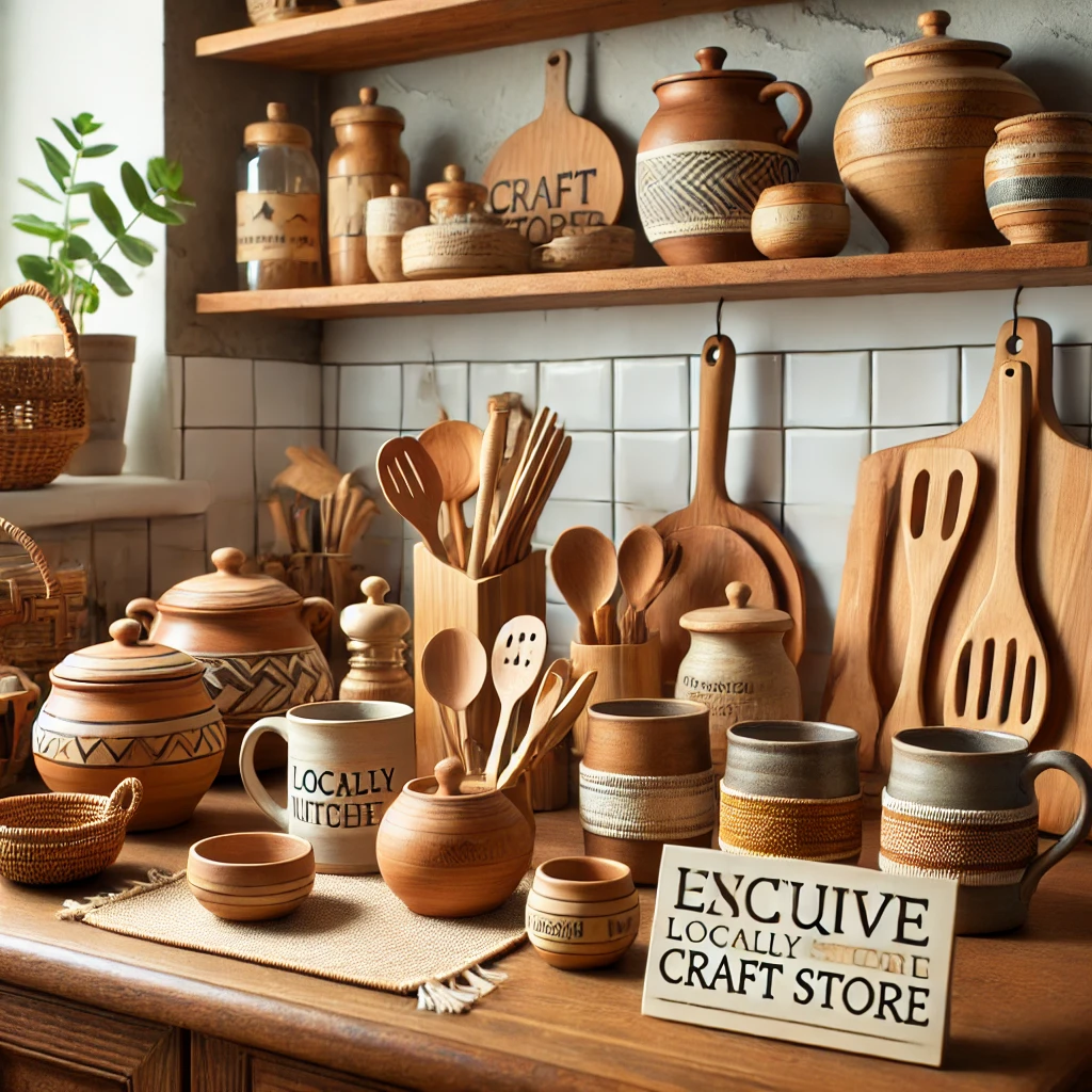 A kitchen showcasing locally crafted items, including ceramic mugs, wooden utensils, and handmade bowls, adding a charming and personal touch to the decor.