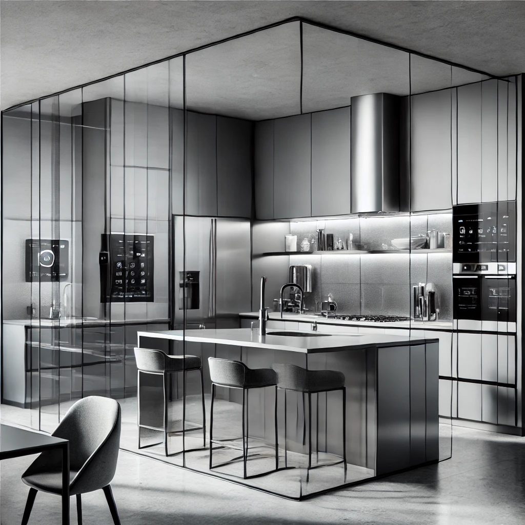A modern kitchen with sleek and minimalist design, featuring a polished stone countertop, glass elements, and metal appliances. The space is uncluttered with smart devices incorporated into the decor for a clean and functional atmosphere.