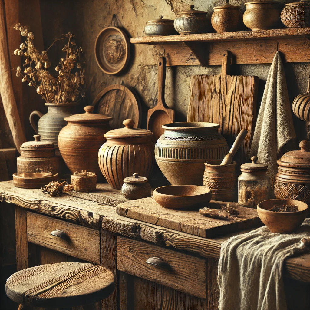A rustic kitchen with wood, stone, and fabric materials, creating a warm and natural atmosphere. Vintage furniture, stoneware containers, and fabric-based decor enhance the cozy and inviting ambiance