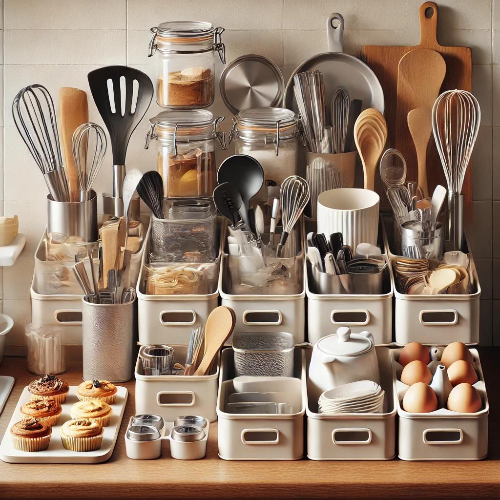 A kitchen counter with cooking utensils and baking supplies grouped in separate containers for an organized and functional space.