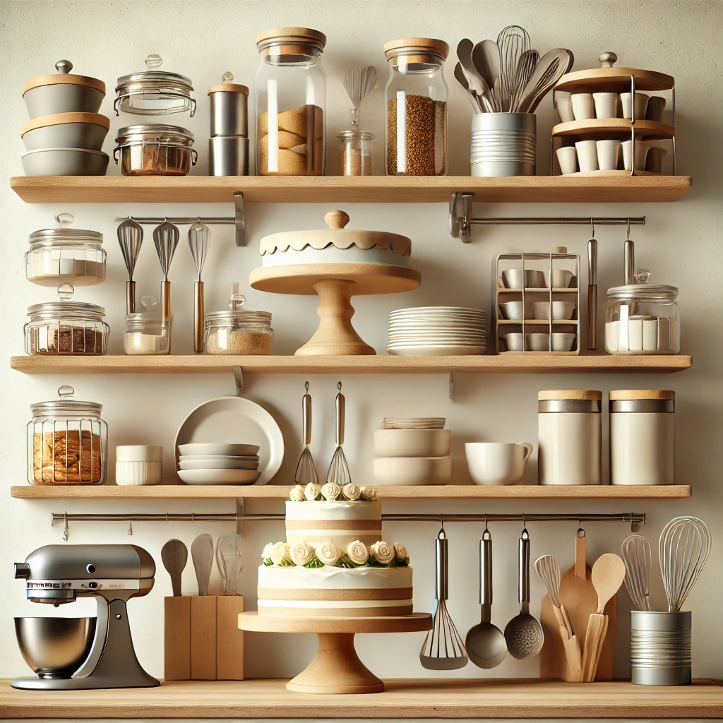 A kitchen featuring a cake stand and floating shelves to stack and organize kitchen items, maximizing space while keeping the counter tidy.