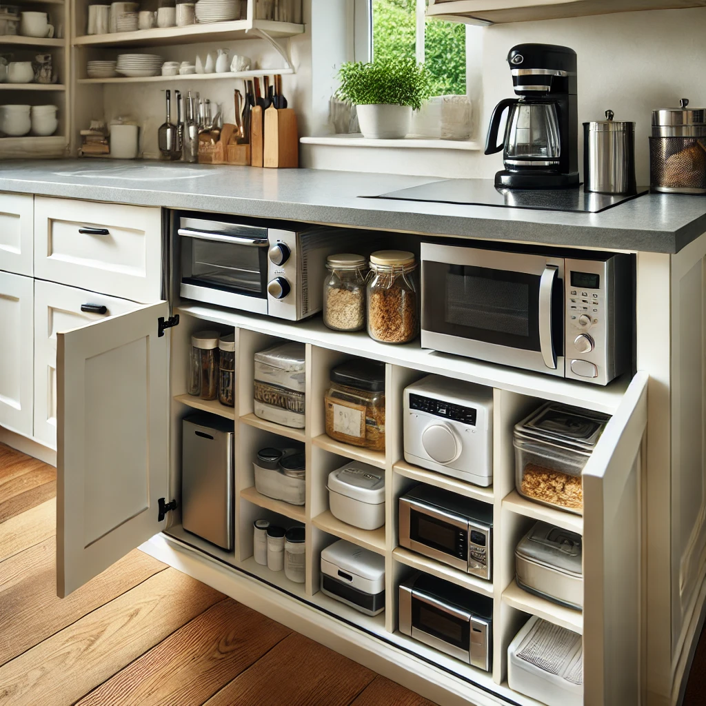 A kitchen with appliances stored in the pantry or under the counter, keeping the kitchen clean, spacious, and organized.