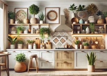 Modern kitchen with decorated space above cabinets, featuring potted plants, artistic decor, and baskets, highlighting creative ways to use the top cabinet space for style and storage.