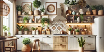 Modern kitchen with decorated space above cabinets, featuring potted plants, artistic decor, and baskets, highlighting creative ways to use the top cabinet space for style and storage.