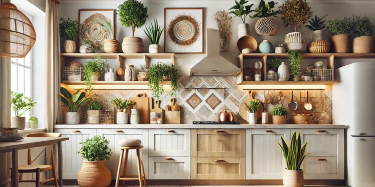 Modern kitchen with decorated space above cabinets, featuring potted plants, artistic decor, and baskets, highlighting creative ways to use the top cabinet space for style and storage.