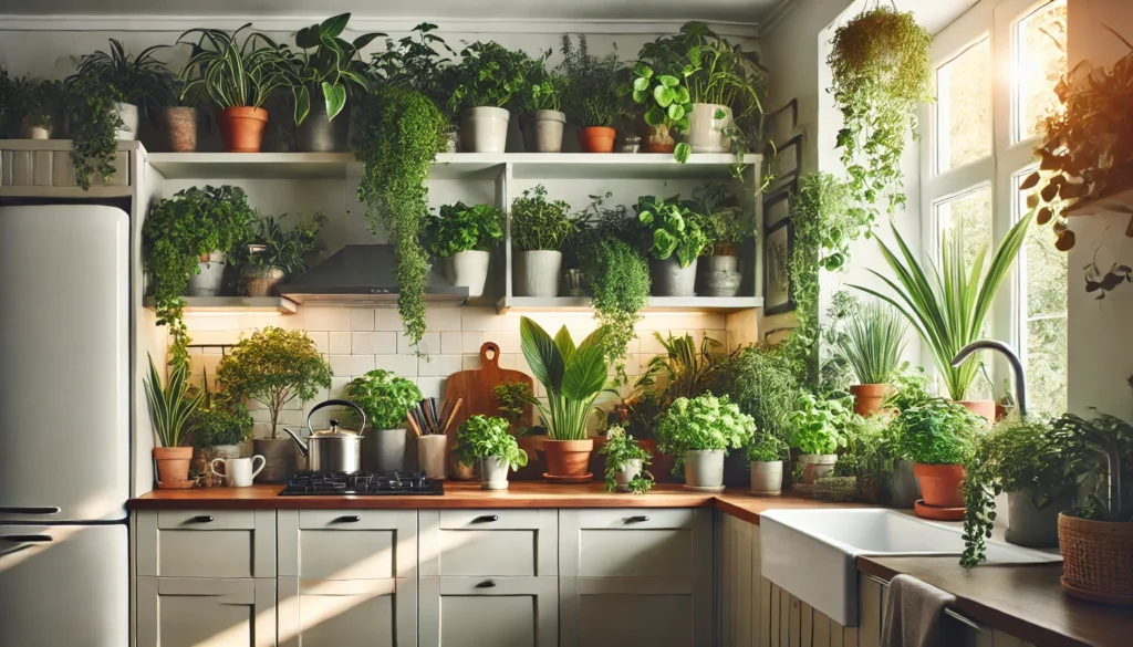 Cozy kitchen with greenery above cabinets, including leafy plants and herbs, showcasing the aesthetic and health benefits of adding plants to kitchen spaces.