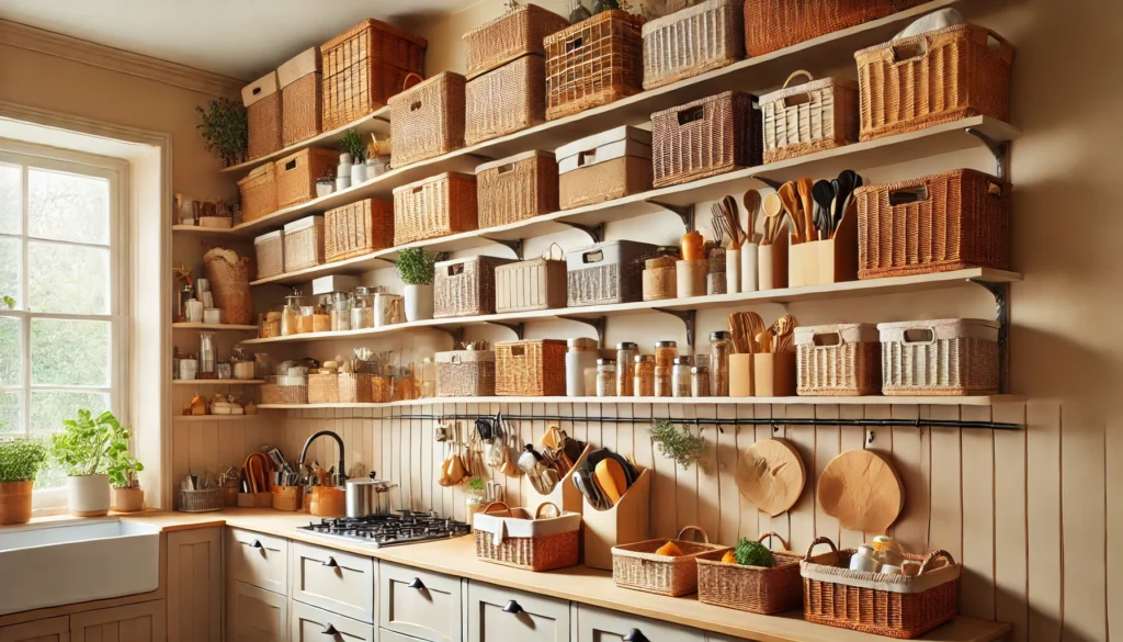 Kitchen with organized open shelves above cabinets, showcasing playful, lidless baskets filled with kitchen essentials, demonstrating how baskets can enhance storage and decor.