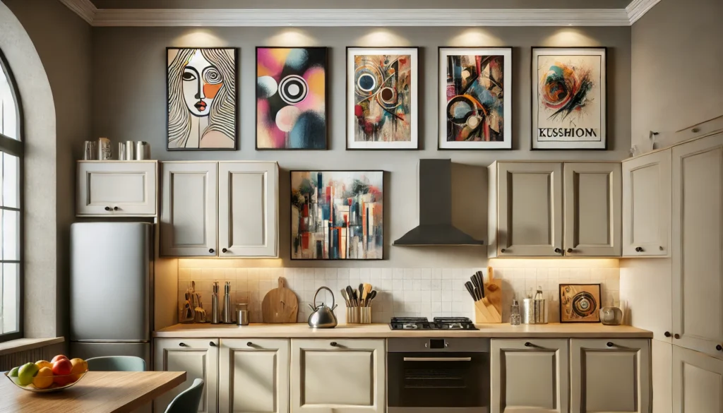 Modern kitchen with framed colorful artwork placed above cabinets, creating a stylish focal point and adding personality to the kitchen decor.