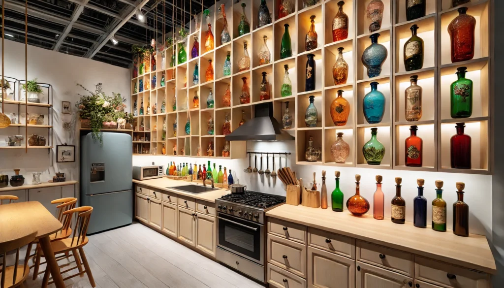 Creative kitchen with colorful potion bottles and decorative glass containers arranged above cabinets, adding a playful and artistic touch to the kitchen decor.
