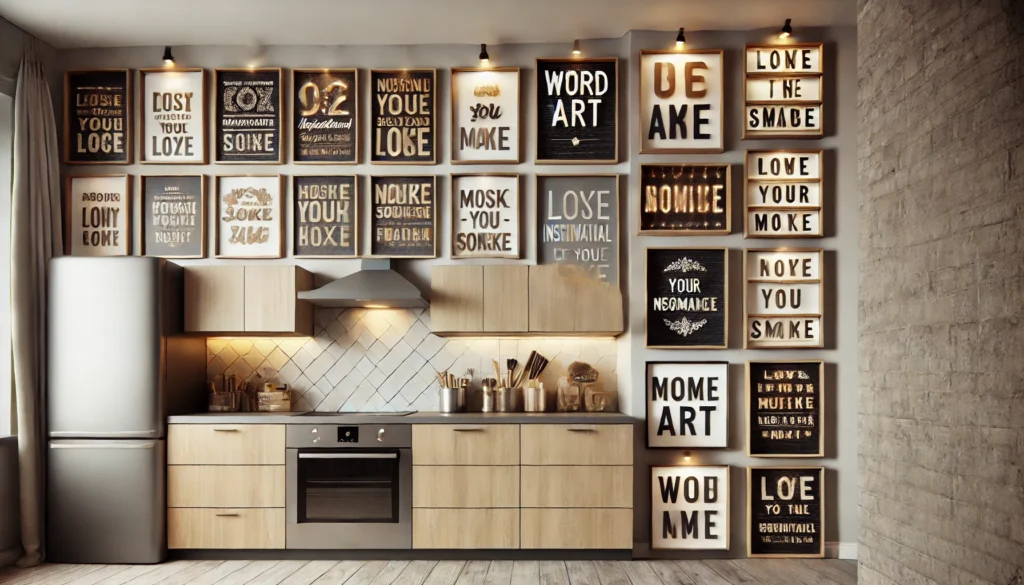 Modern kitchen with framed inspirational quotes and vintage-style letterboards above cabinets, creating a motivational and personalized atmosphere in the kitchen decor.