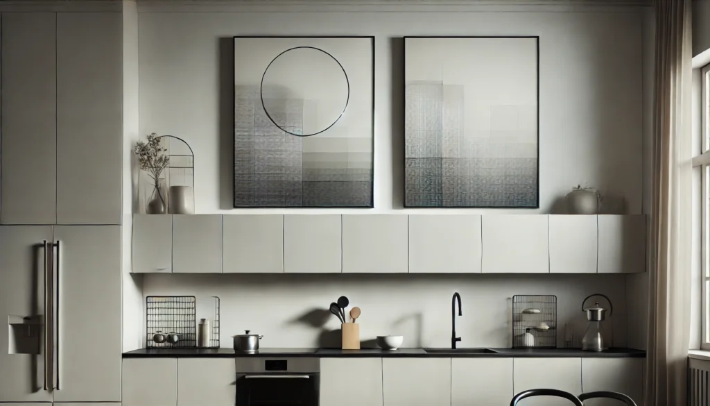 Modern kitchen with clean lines and minimalist decor above cabinets, featuring neutral tones, simple shapes, and veiled artwork for a sophisticated atmosphere.
