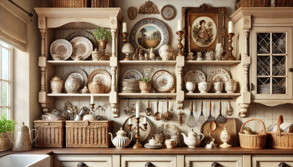 Traditional kitchen with antiques, family mementos, wicker baskets, and candlesticks above cabinets, creating a cozy, rustic, and timeless atmosphere