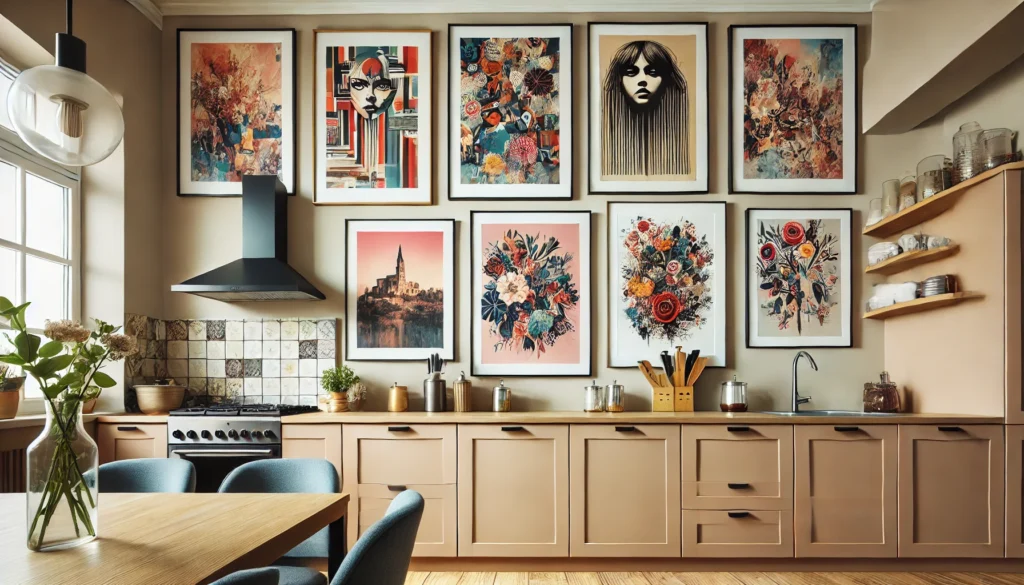 Kitchen with colorful prints and framed artwork above cabinets, blending seamlessly with the kitchen’s decor, adding vibrancy and personality to the space