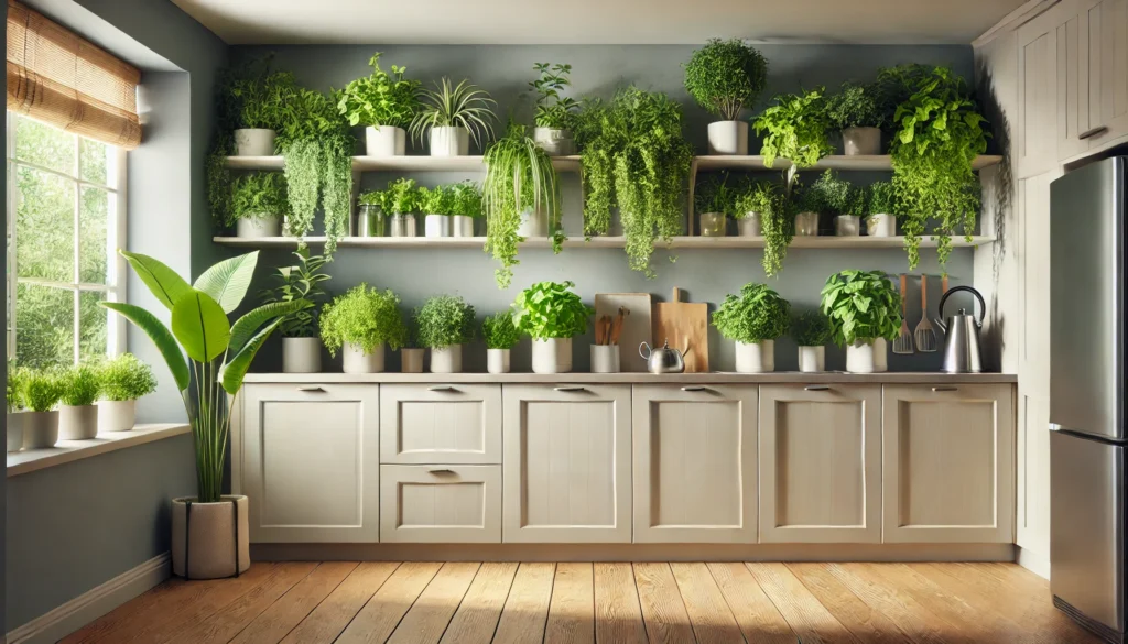 Kitchen with potted greenery, including leafy plants and herbs, placed above cabinets to add vibrancy and natural beauty to the space.
