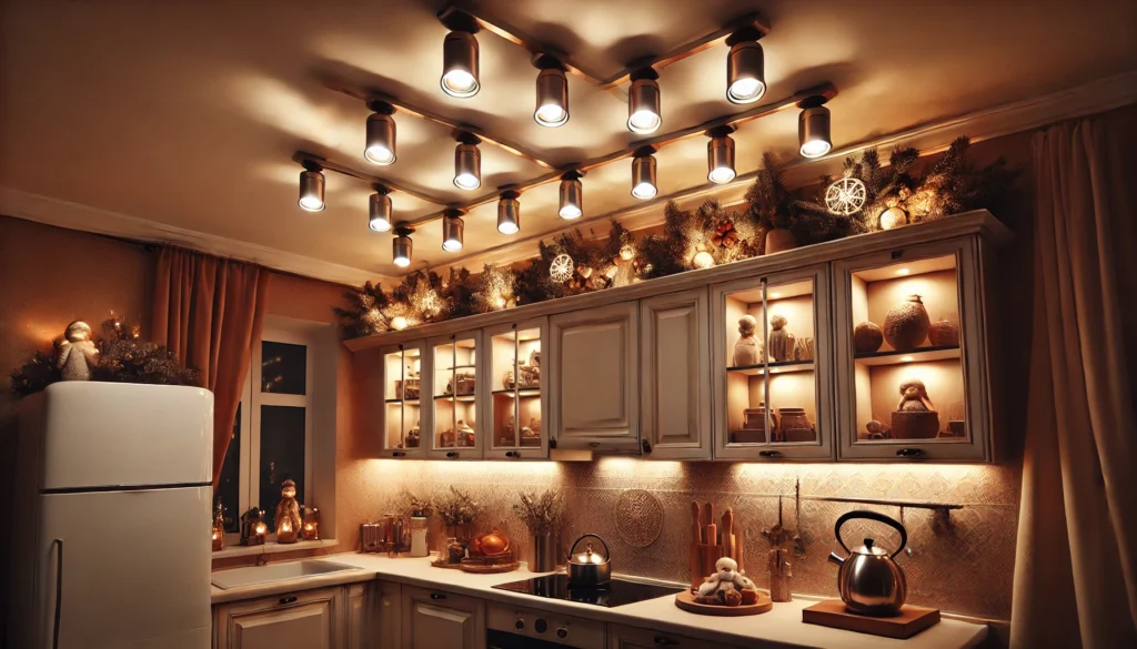 Kitchen with decorative lighting installed above cabinets, featuring spotlights and warm bulbs that enhance the decor and create a cozy atmosphere