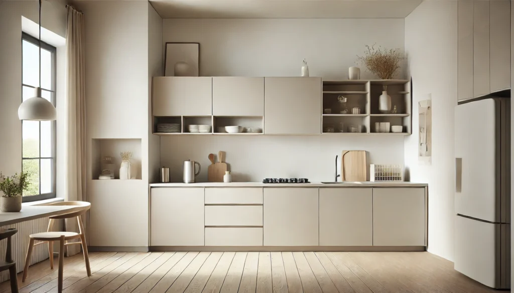 Minimalist kitchen with clean lines, neutral colors, and a small number of decorative items, creating a simple, serene, and functional space.