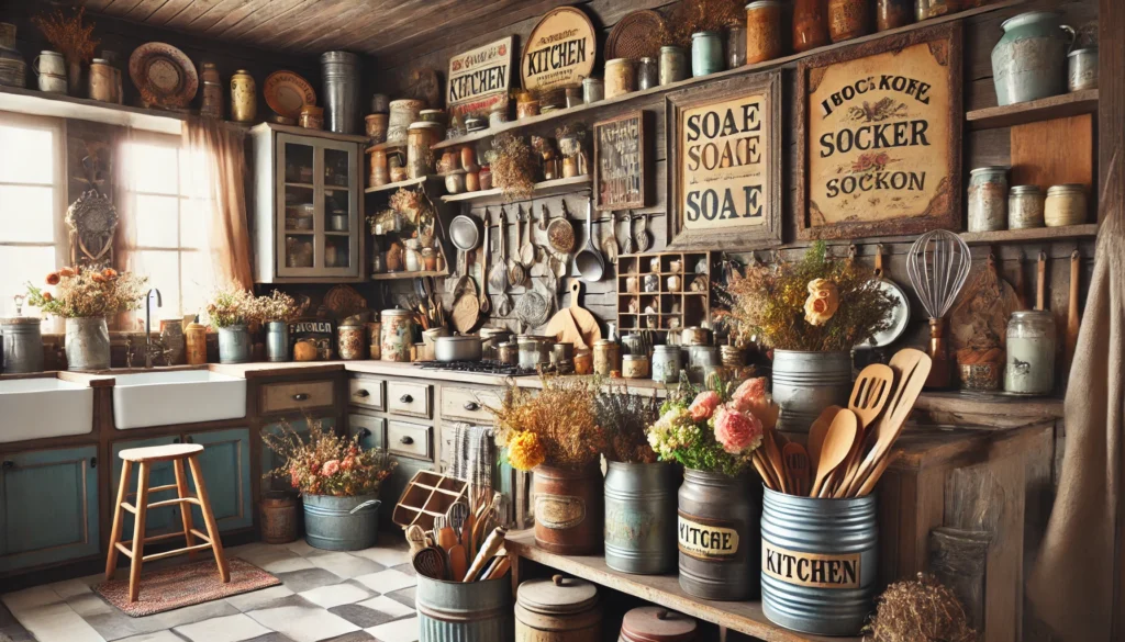 Farmhouse-style kitchen with rustic decor, including wooden signs, mason jars with flowers, kitchen gadgets, and tubs, creating a cozy and vintage-inspired atmosphere