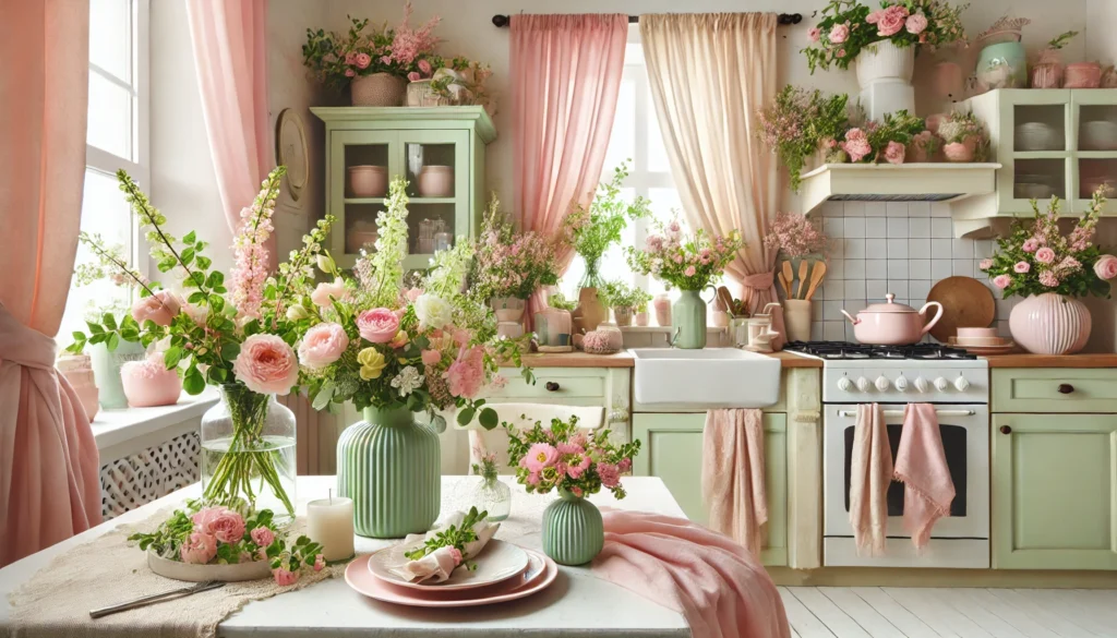 Kitchen decorated for spring with pastel colors, fresh flowers, and light fabrics, creating a fresh and rejuvenating atmosphere.