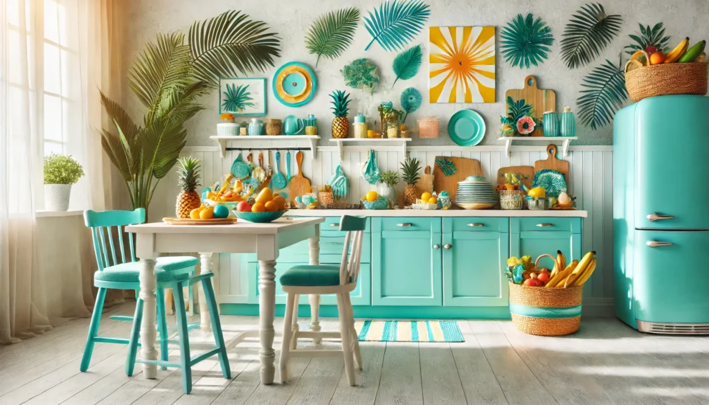 Kitchen decorated for summer with a bright color palette, tropical decor, and beach-inspired accessories, creating a sunny and relaxed atmosphere.
