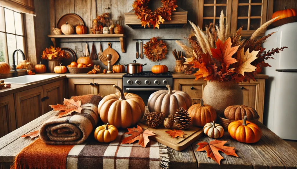 Kitchen decorated for fall with warm tones, pumpkins, autumn leaves, and cozy textures like wool throws and plaid fabrics, creating an inviting autumnal atmosphere.