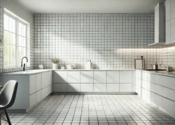 Modern kitchen with a square tile backsplash in white ceramic tiles, arranged in a grid pattern, creating a timeless and clean look.