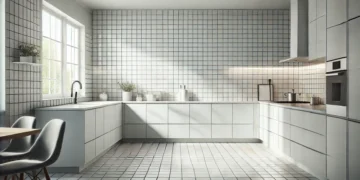 Modern kitchen with a square tile backsplash in white ceramic tiles, arranged in a grid pattern, creating a timeless and clean look.