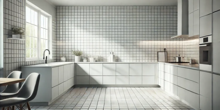 Modern kitchen with a square tile backsplash in white ceramic tiles, arranged in a grid pattern, creating a timeless and clean look.