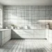 Modern kitchen with a square tile backsplash in white ceramic tiles, arranged in a grid pattern, creating a timeless and clean look.