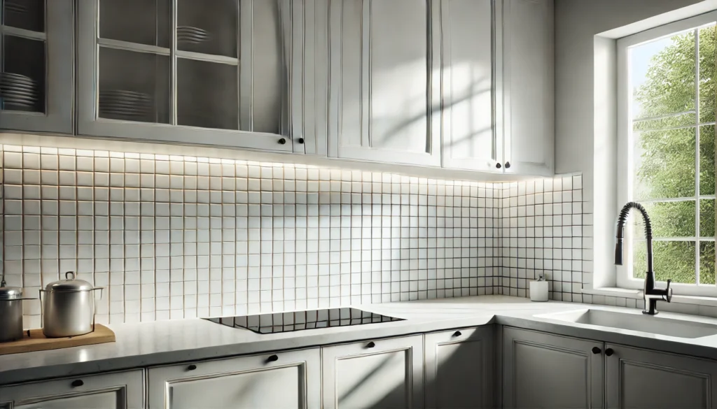 Kitchen with a white square tile backsplash, reflecting light and creating a spacious, airy feel, complementing a darker countertop in a minimalist modern kitchen.