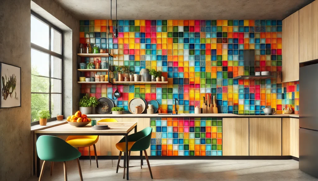 Vibrant kitchen with colored square tiles as a backsplash, creating a statement wall that contrasts with neutral countertops and cabinets, adding personality to the space.