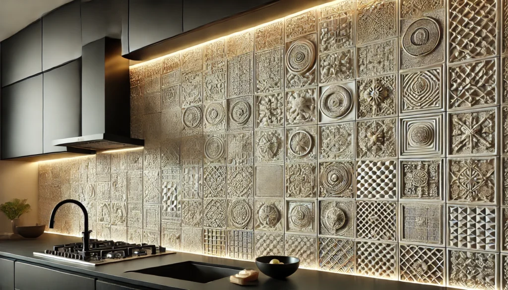 Kitchen with a textured square tile backsplash, featuring 3D tiles with raised patterns and embossed designs, creating a dynamic and lively atmosphere.