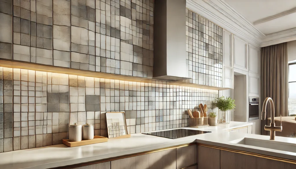 Modern kitchen with a large, stylish square tile backsplash in neutral tones, reflecting clean and precise design, complementing the overall minimalist aesthetic.