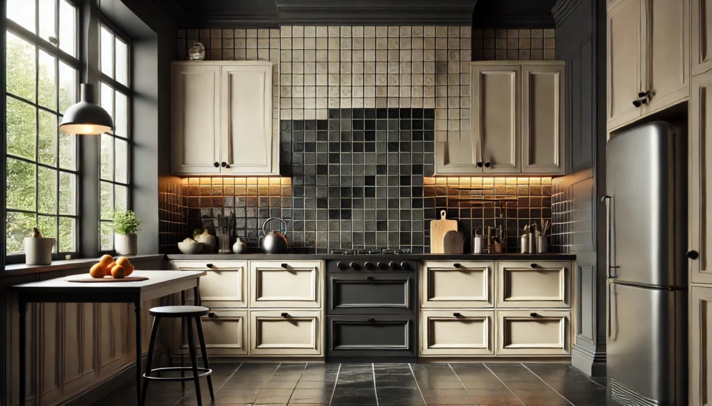 Kitchen with a square tile backsplash in a bold, dark color, contrasting with light-colored cabinets and countertops, making a dramatic statement in the design.