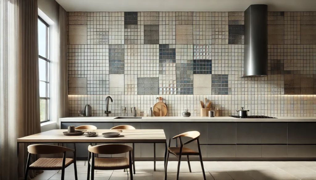 Kitchen featuring a backsplash with square tiles of different sizes, including 1x1, 2x2, and 4x4, creating a dynamic and textured look