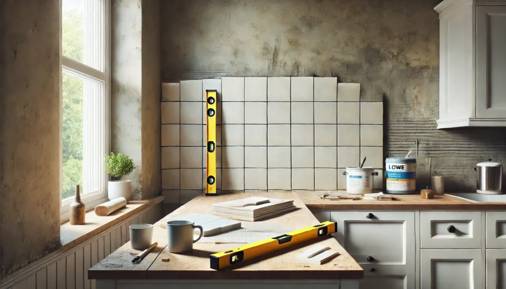Kitchen with a clean and primed wall for installing a square tile backsplash, with adhesive materials, a spirit level, and smooth wall surfaces, ready for tiling.